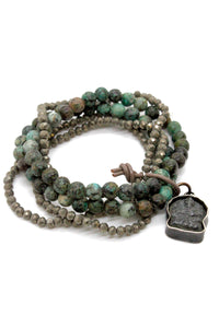 Pyrite and African Turquoise Bracelet with Ganesh Charm BL-Eve-3G1 -The Buddha Collection-