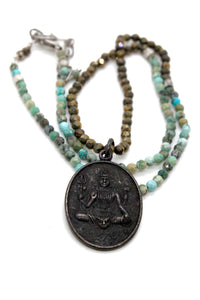 African Turquoise and Pyrite Beaded Necklace with Ganesh Charm NS-AFPY-BkG -The Buddha Collection-