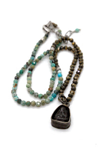 Faceted African Turquoise and Pyrite with Mini Buddha Charm NS-AFPY-3G1sm -The Buddha Collection-