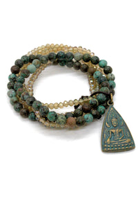 Crystals and African Turquoise Stretch Bracelet with Buddha Reversible Charm BL-Cypress-GrB -The Buddha Collection-