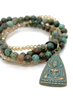 Load image into Gallery viewer, Crystals and African Turquoise Stretch Bracelet with Buddha Reversible Charm BL-Cypress-GrB -The Buddha Collection-
