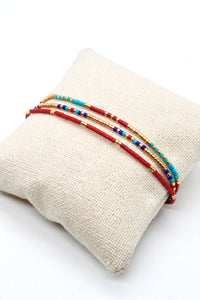 Triple Row Adjustable Miyuki Seed Bead Bracelet Turquoise and Red -Seeds Collection- B8-015