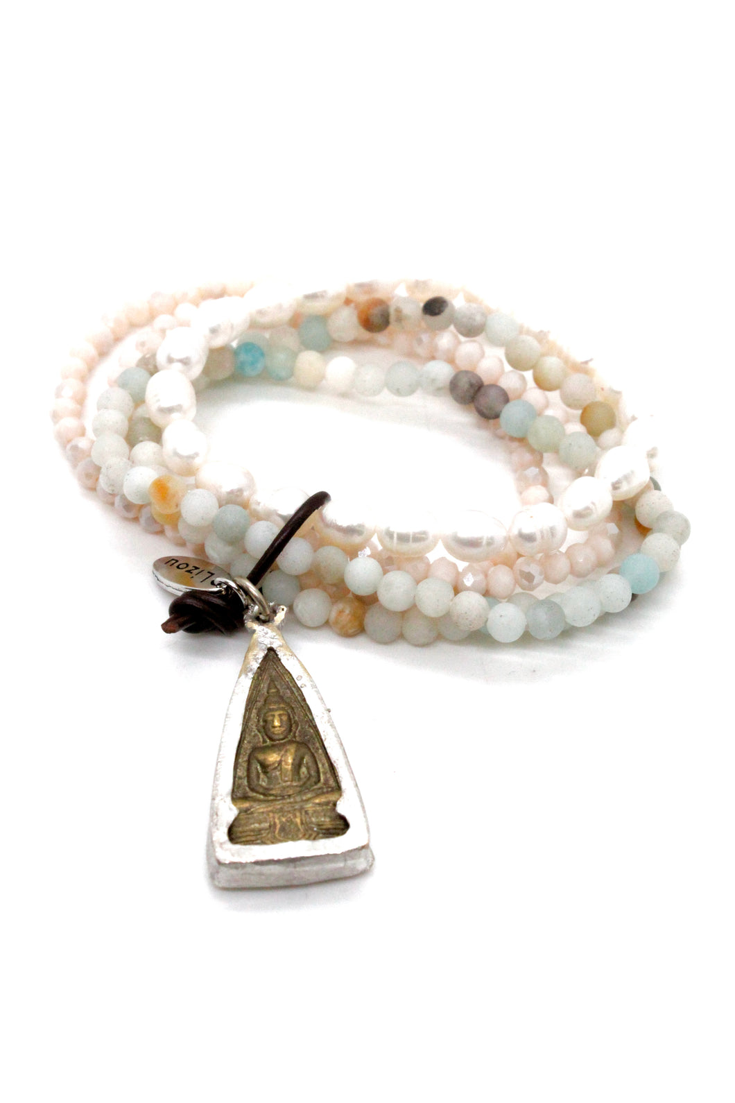 Amazonite and Pearl Mix Bracelet with Two Tone Buddha Charm BL-Surf-B -The Buddha Collection-