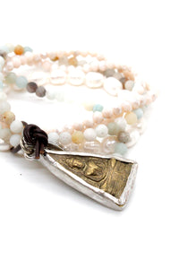 Amazonite and Pearl Mix Bracelet with Two Tone Buddha Charm BL-Surf-B -The Buddha Collection-