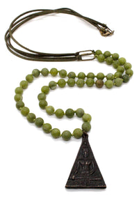Hand Knotted Agate and Leather Necklace with Reversible Black Buddha Charm NL-AGL-BkTB -The Buddha Collection-