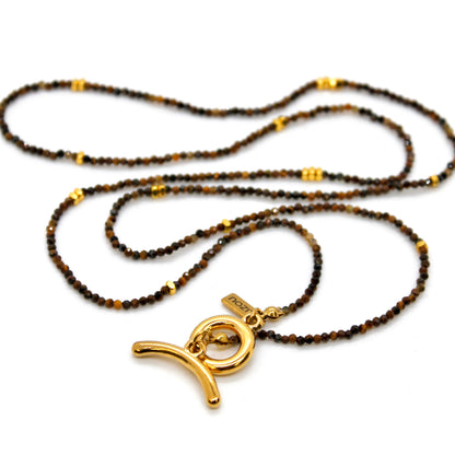 Long Tiger's Eye Stone and Gold Luxury Necklace - NC-621L