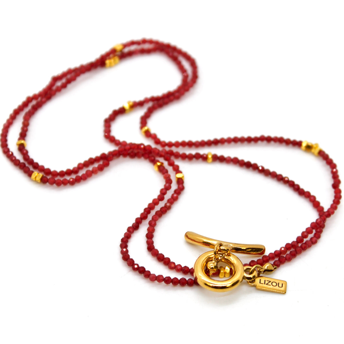 Long Ruby Stone and Gold Luxury Necklace - NC-623L
