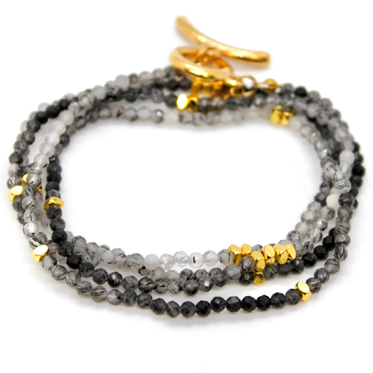 Long Gradient Black Quartz Stone and Gold Luxury Necklace - NC-628L