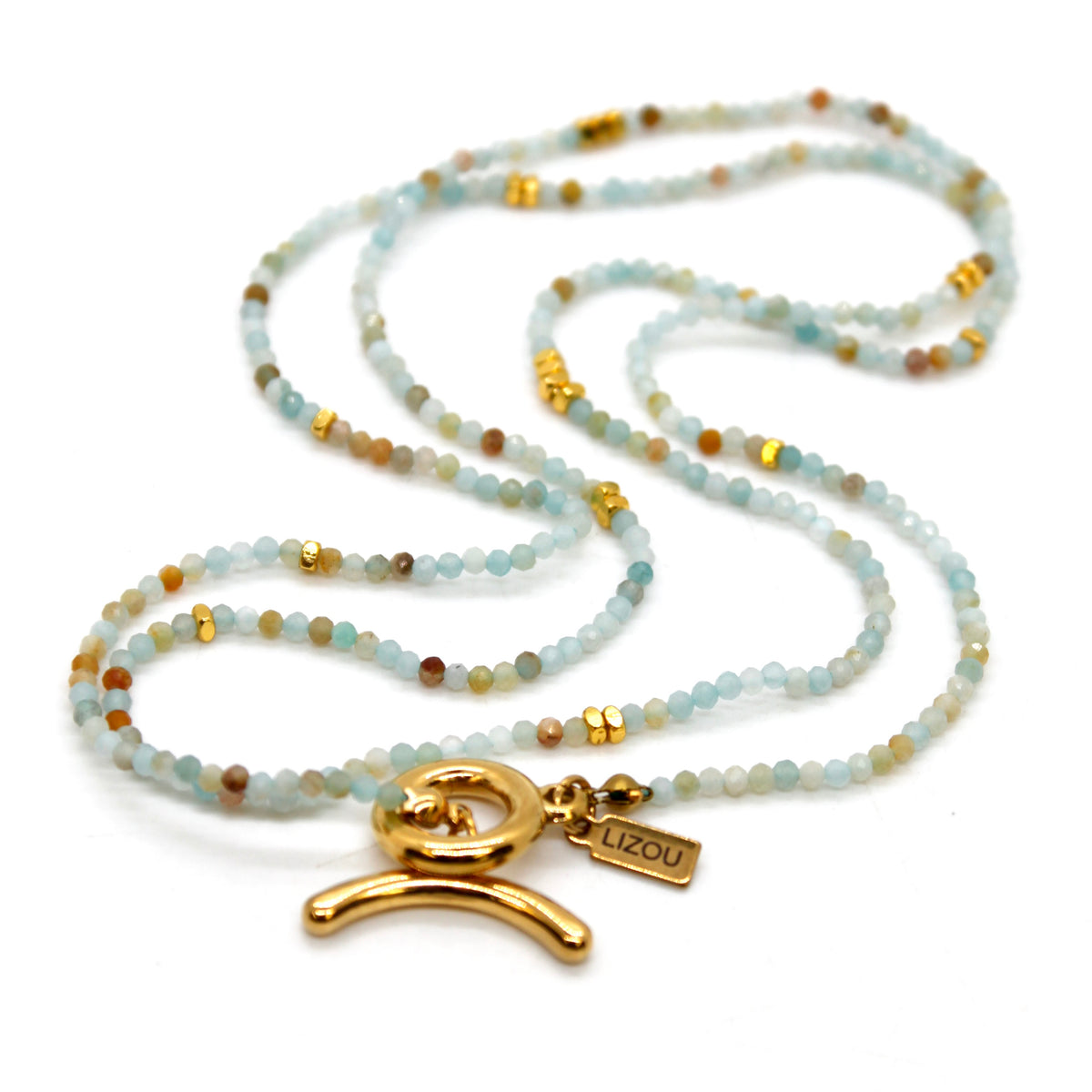Long Amazonite Stone and Gold Luxury Necklace - NC-637L