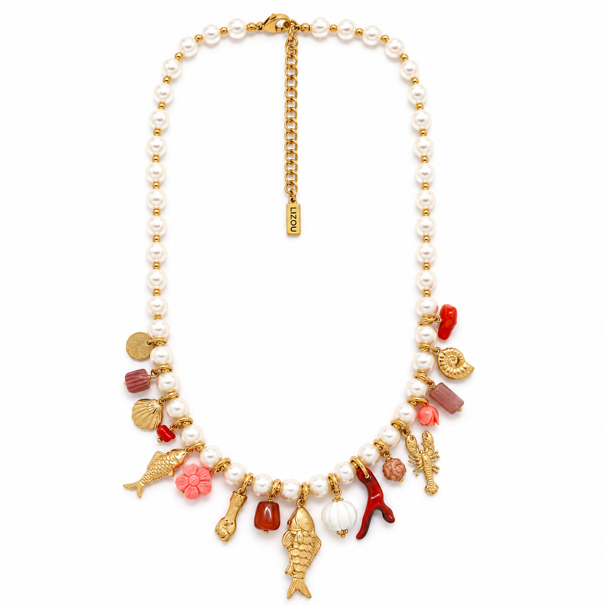 Glass Pearl Necklace with Fish and Ocean Charms - N2-2799