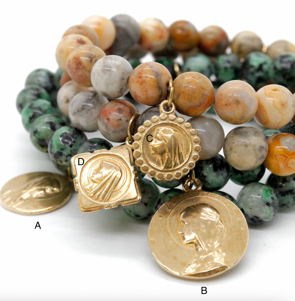 Single Stone Bracelet with Gold French Religious Charm -French Medals Collection-