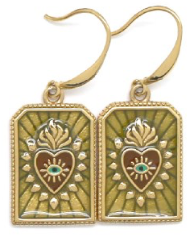 Enamel Heart Flame Earrings in Green - E4-246