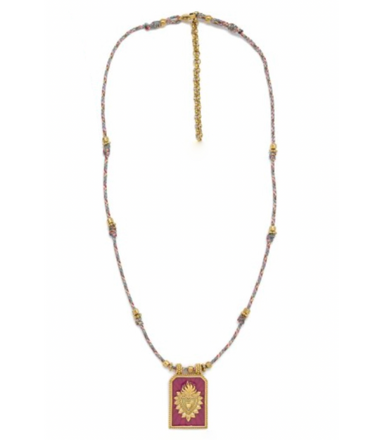 Gold and Fuchsia Flaming Heart Cord Necklace - N2-2600