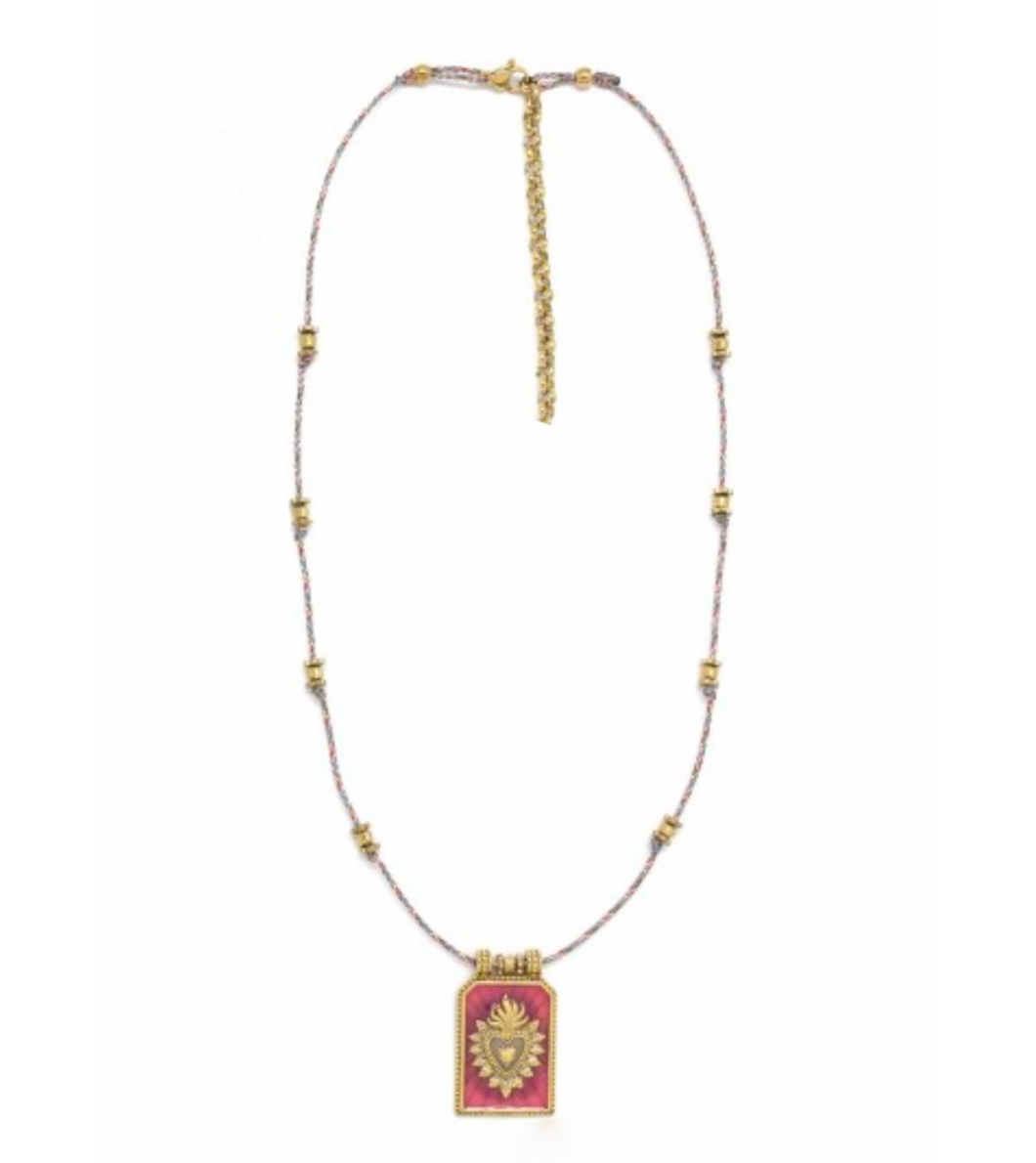Gold and Pink Flaming Heart Cord Necklace - N2-2601