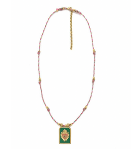 Gold and Green/Pink Flaming Heart Cord Necklace - N2-2602