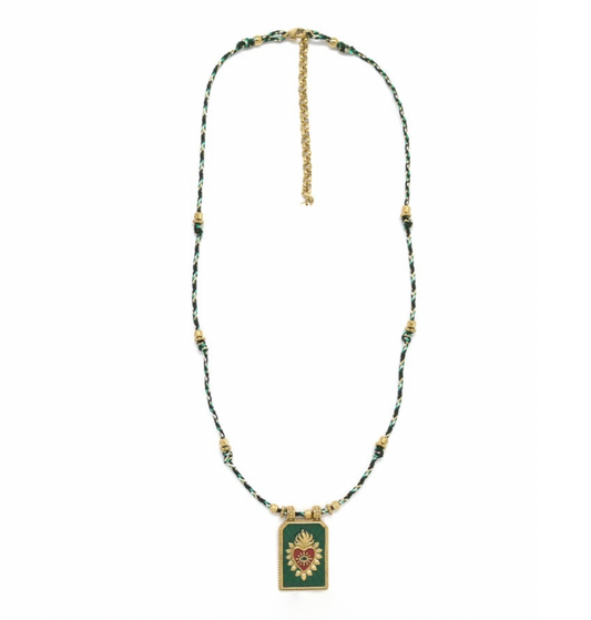 Gold and Green Flaming Heart Cord Necklace - N2-2603