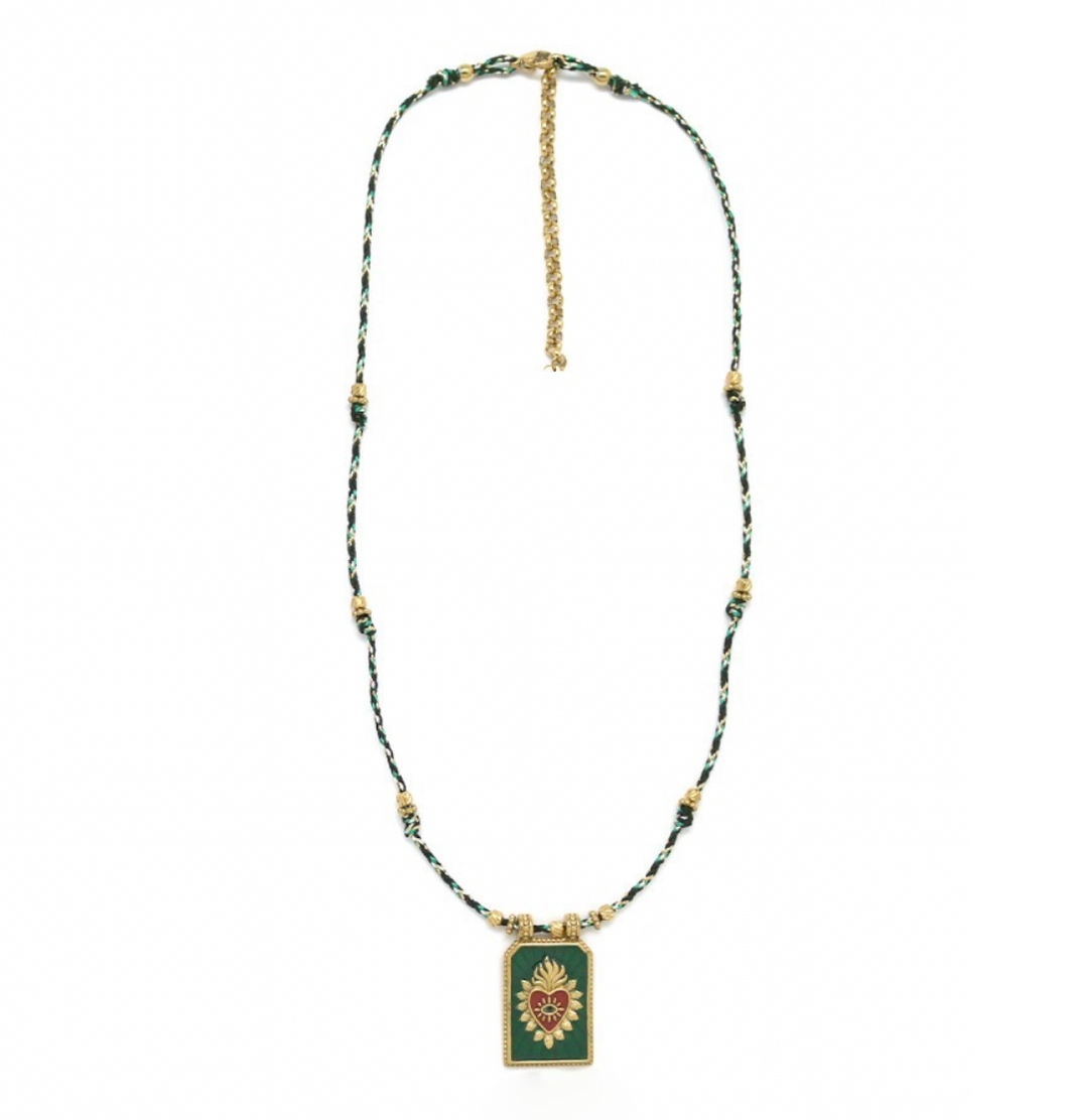 Gold and Green Flaming Heart Cord Necklace - N2-2603