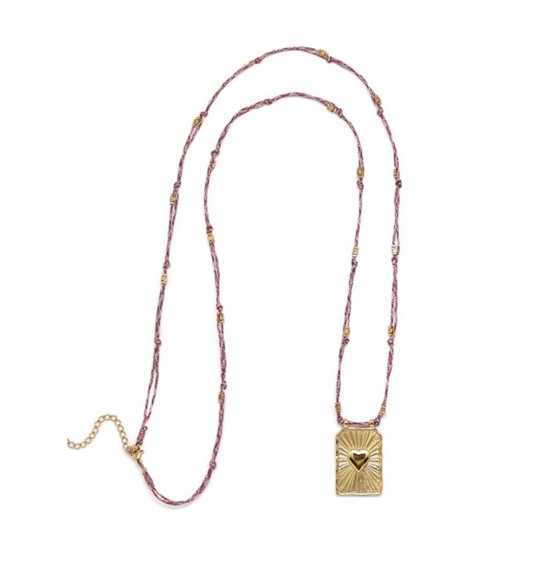 Long Pink Heart Cord Necklace - N2-2607