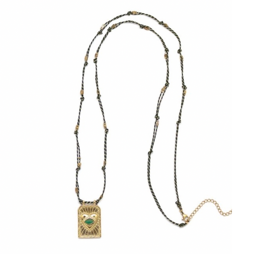 Long Green Heart Cord Necklace - N2-2608
