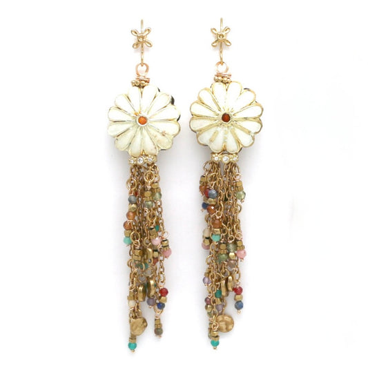White Daisy Dangle Earrings with Chain and Stone Fringe - E4-418A