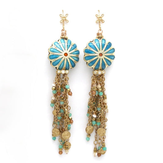 Blue Daisy Dangle Earrings with Chain and Stone Fringe - E4-418B