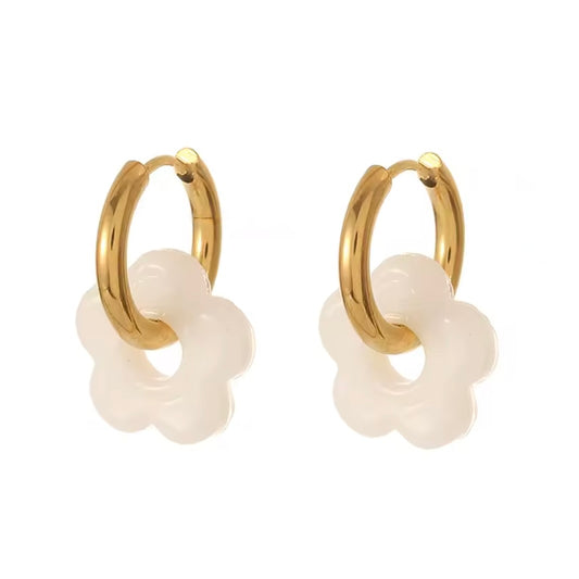 Cute Flower White and Gold Mini Huggie Earrings - E4-414W