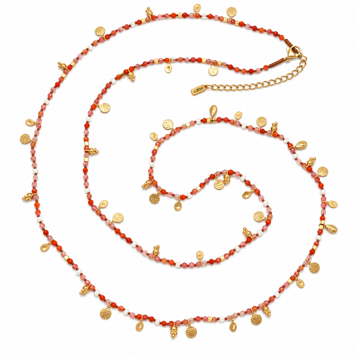 Museum Style Red Agate + Mini Pearl with 24K Gold Plate Charms - N2-2803A
