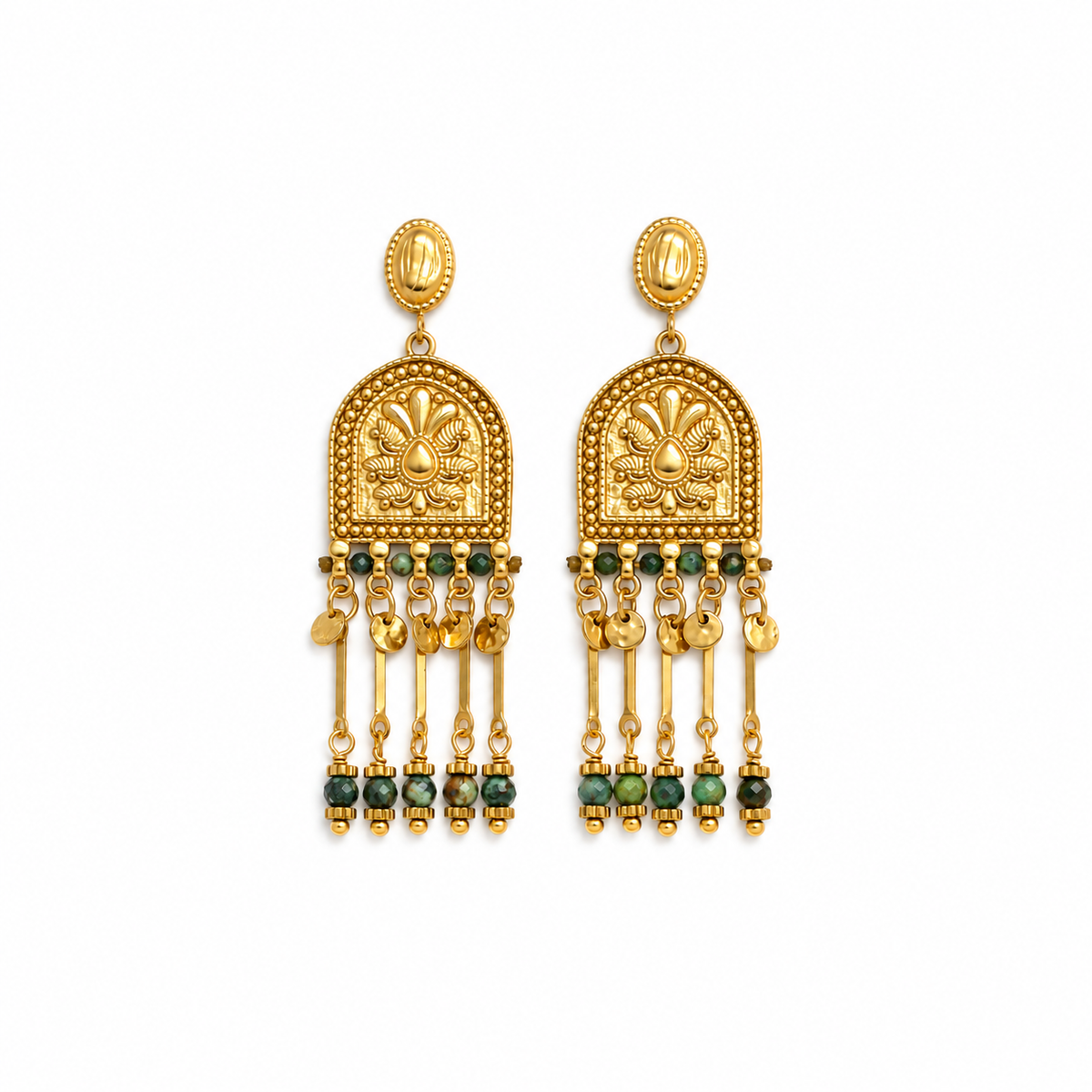 Bell Shaped Earrings with African Turquoise Beads and Dangles - E4-488A