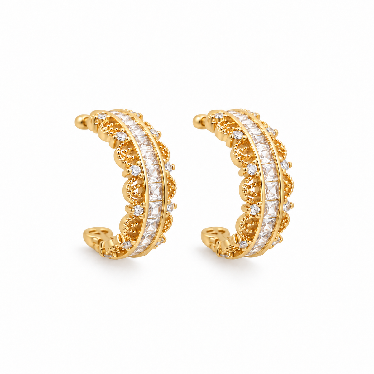 White Rhinestone Lace Style Stud Hoop Earrings - E4-496