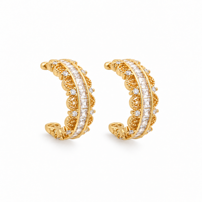 White Rhinestone Lace Style Stud Hoop Earrings - E4-496