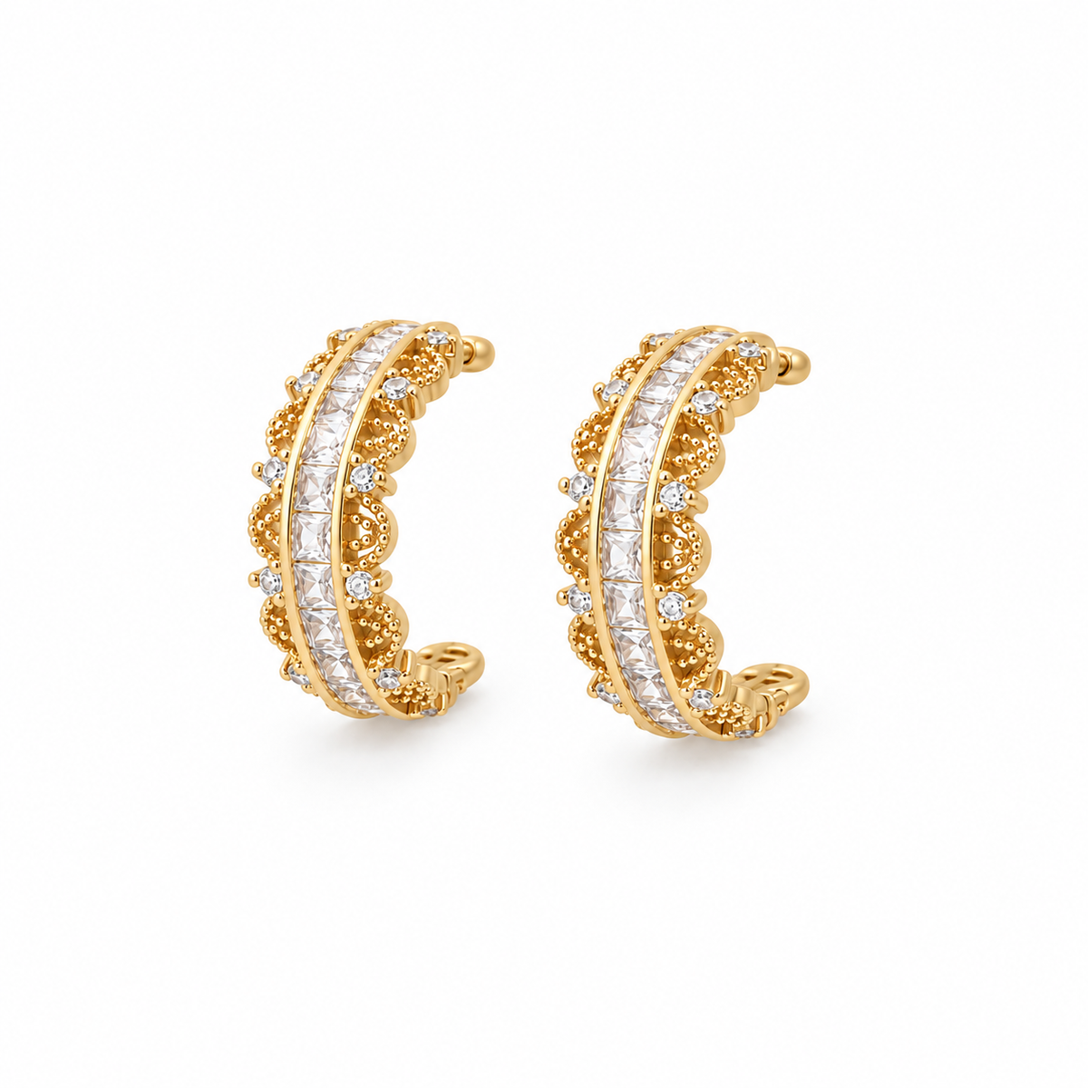 White Rhinestone Lace Style Stud Hoop Earrings - E4-496