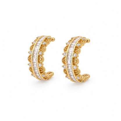 White Rhinestone Lace Style Stud Hoop Earrings - E4-496