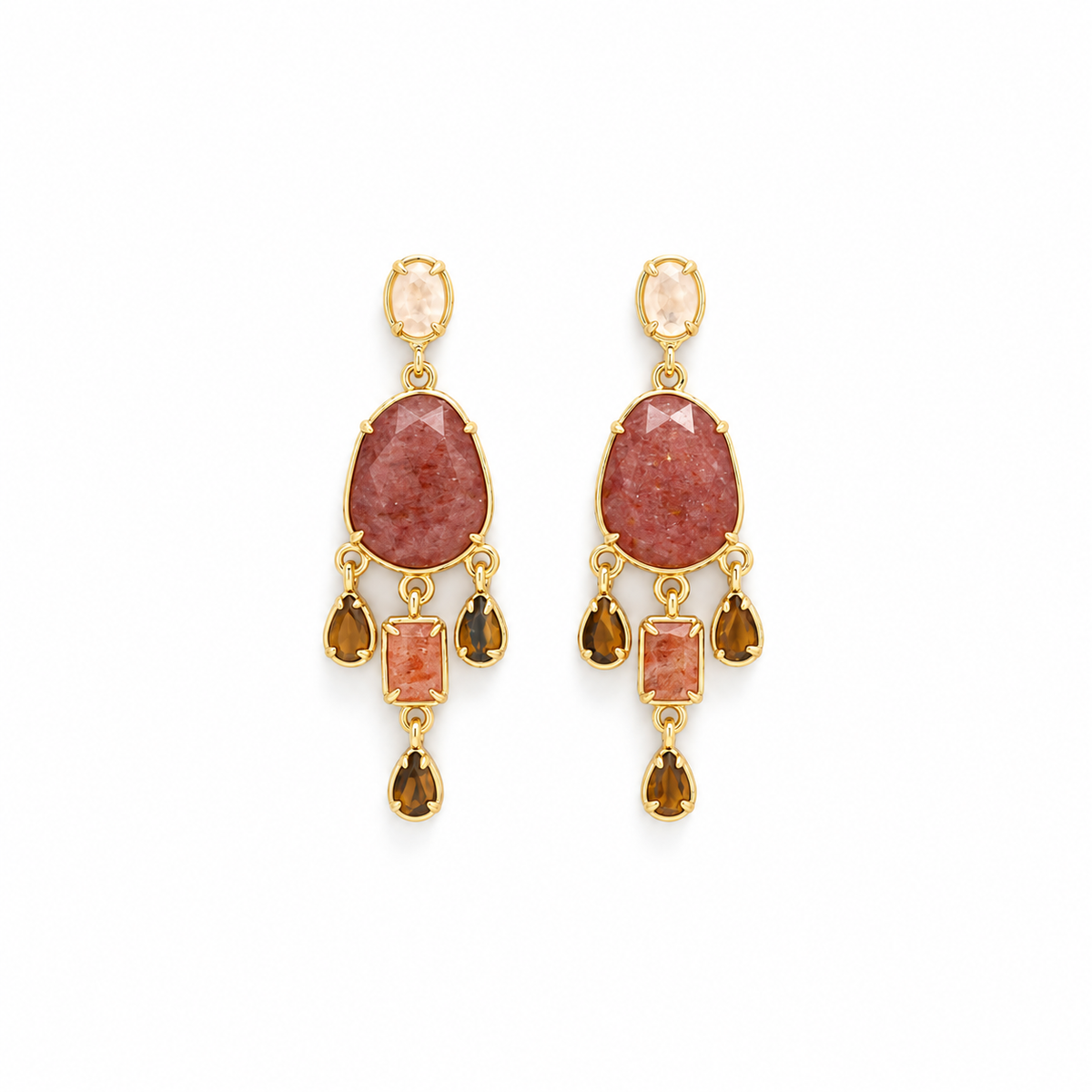 Strawberry Quartz Stud Earrings with Mini Stone Dangles - E4-490B
