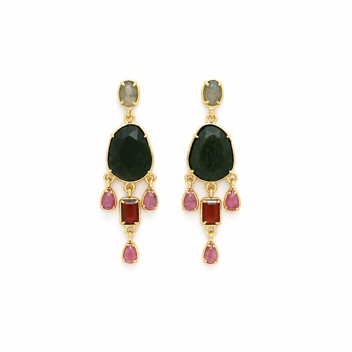Gold Obsidian Stud Earrings with Mini Stone Dangles - E4-490A