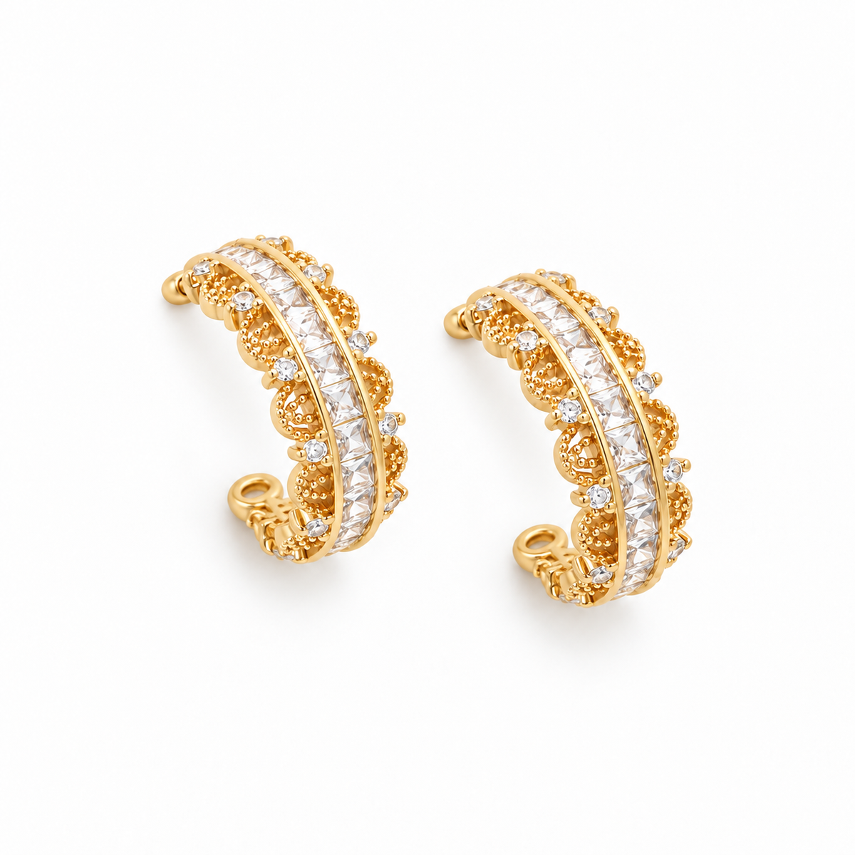 White Rhinestone Lace Style Stud Hoop Earrings - E4-496