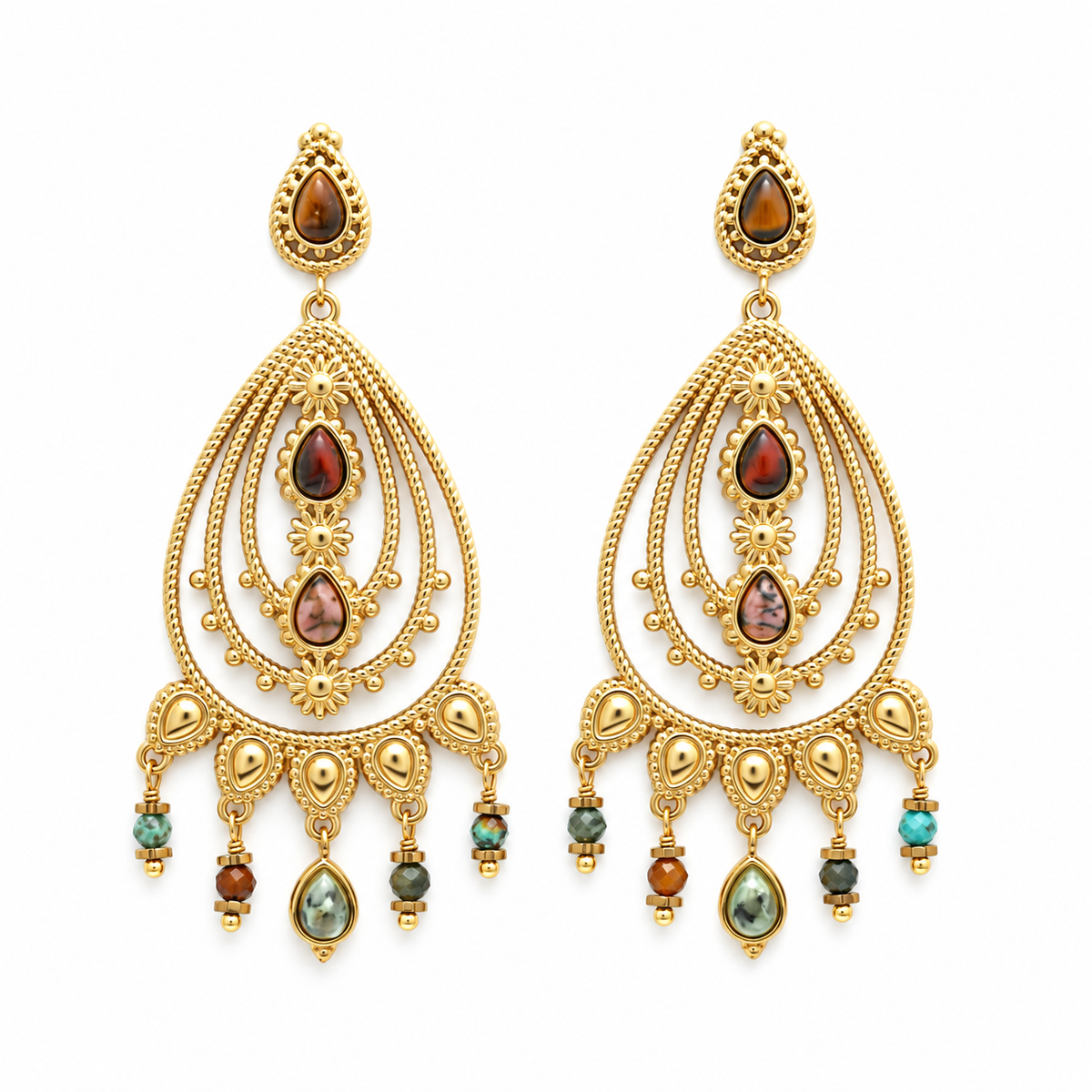 Multi Stone Dangle Earrings with Mini Teardrops - E4-491A