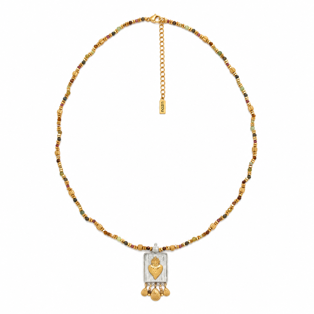 Multi-Stone Necklace with Two Tone Gold Plate Heart and Dangles - N2-2795B