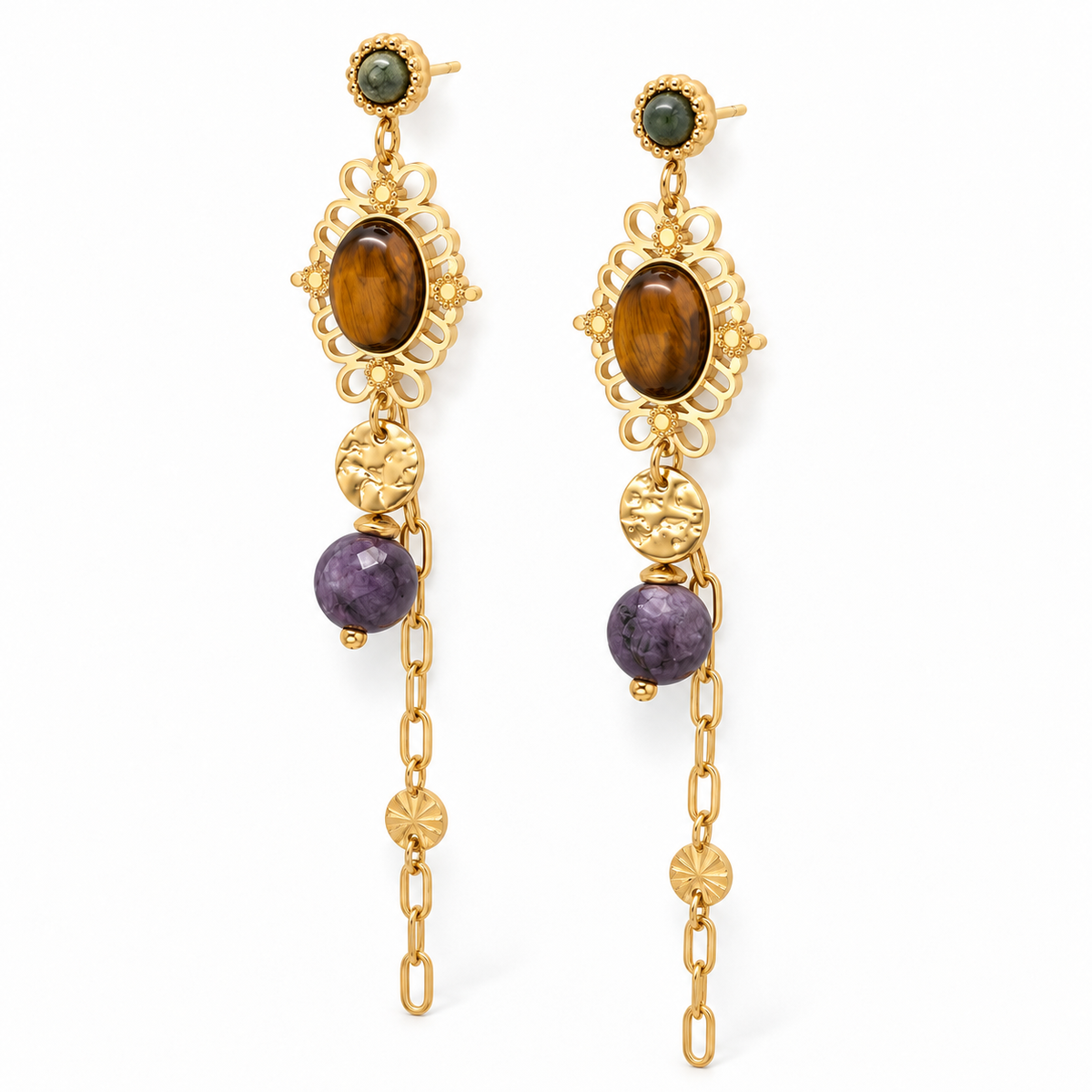 Multi Chain Stone Stud Earrings - E4-498