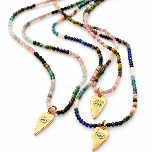 Evil Eye Heart Charm on Faceted Semi Precious Stone Necklace N2-2436 -French Flair Collection-