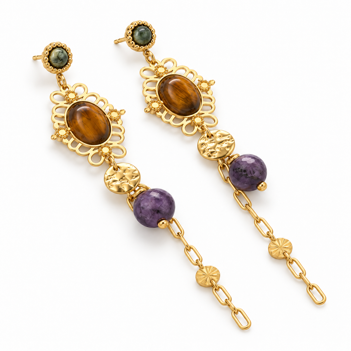 Multi Chain Stone Stud Earrings - E4-498