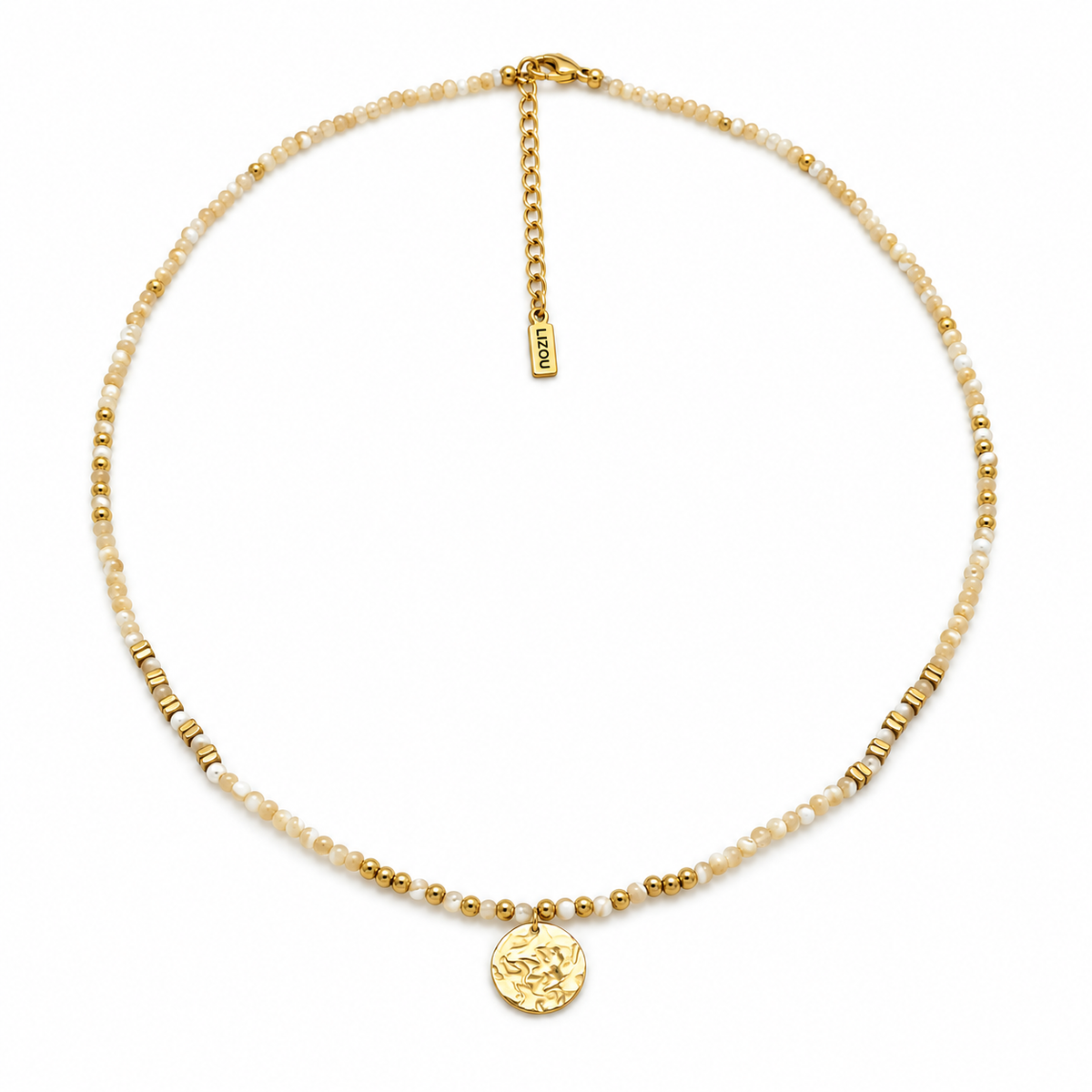 Textured 18K Gold Plate Charm on Mother of Pearl Beaded Short Necklace - N2-2796A