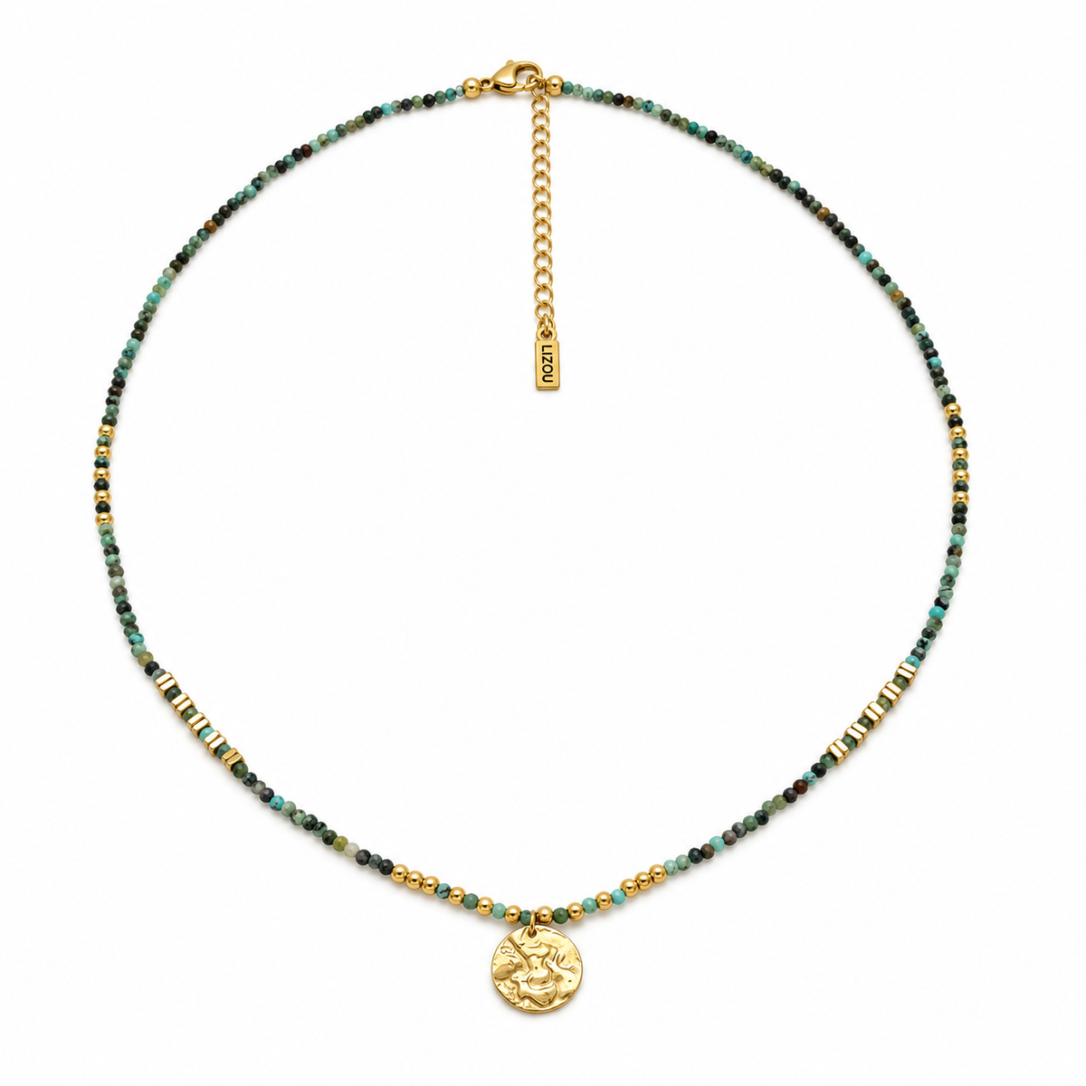 Textured 18K Gold Plate Charm on African Turquoise Beaded Short Necklace - N2-2796B