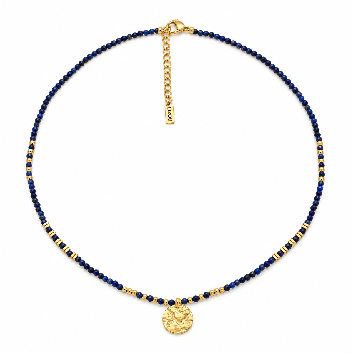 Textured 18K Gold Plate Charm on Lapis Beaded Short Necklace - N2-2796C