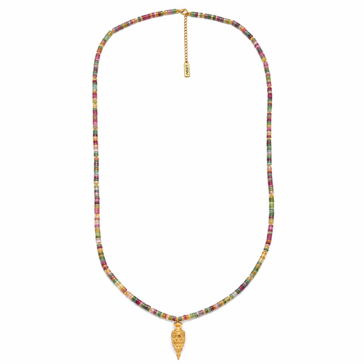 Long Necklace with Rondelle Tourmaline Beads and 18K Gold Plate Bead- N2-2798B