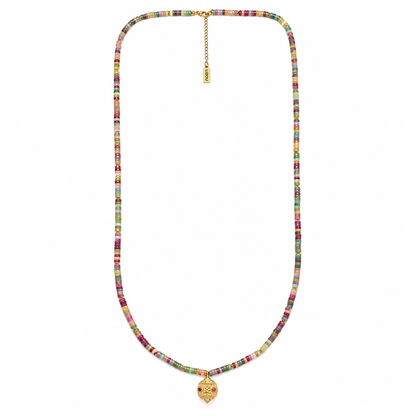 Long Necklace with Rondelle Tourmaline Beads and Floral Bead- N2-2798A