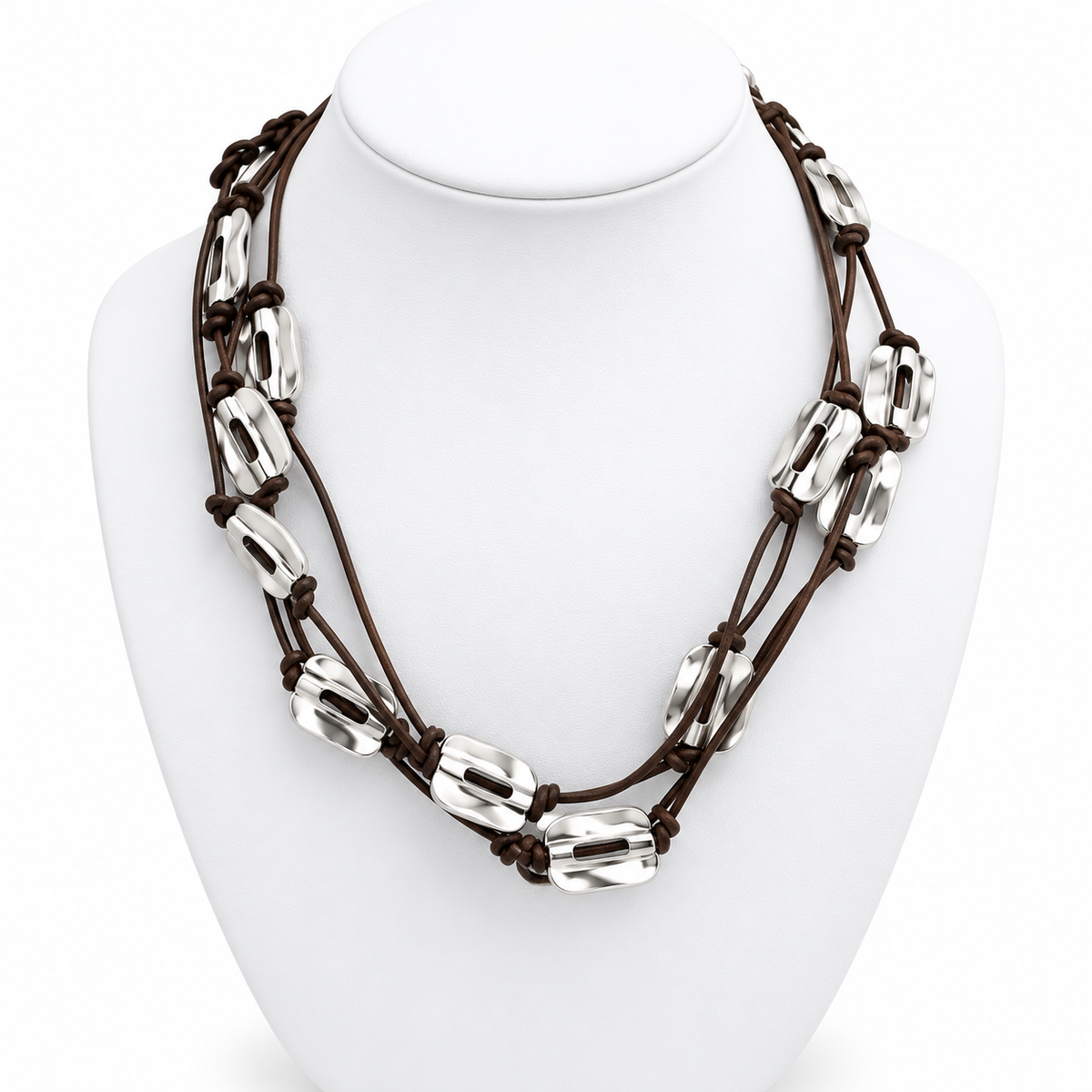 Leather and Silver Bead XL Very Long Wrap Necklace -The Classics Collection- N2-201