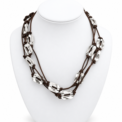 Leather and Silver Bead XL Very Long Wrap Necklace -The Classics Collection- N2-201