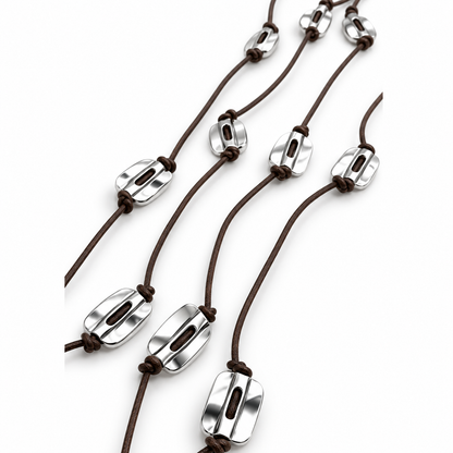 Leather and Silver Bead XL Very Long Wrap Necklace -The Classics Collection- N2-201