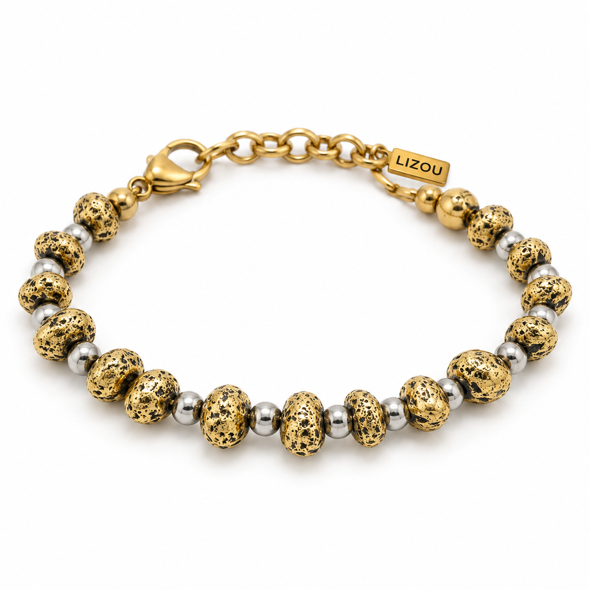Beaded Stainless Steel Two Tone 18K Gold Plate Bracelet - B4-065