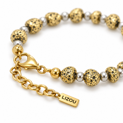 Beaded Stainless Steel Two Tone 18K Gold Plate Bracelet - B4-065